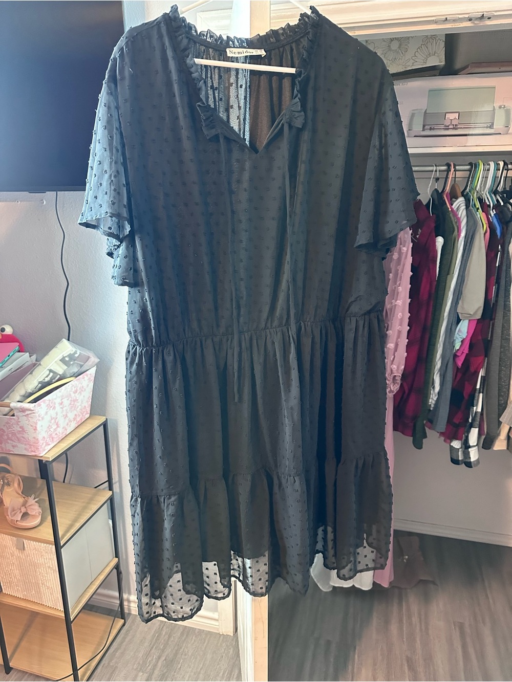 Neiman Marcus Black Swiss Dot Tie-Neck Tiered Midi Dress